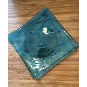 Blue Fused Glass Art Dish Fish Pattern Trinket Tray 4.5 X 4.5 Inches Unmarked